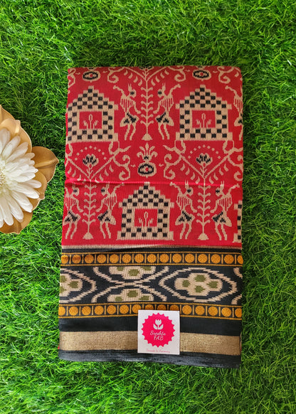 Red And Black Soft Viscose Cotton Saree- Casual