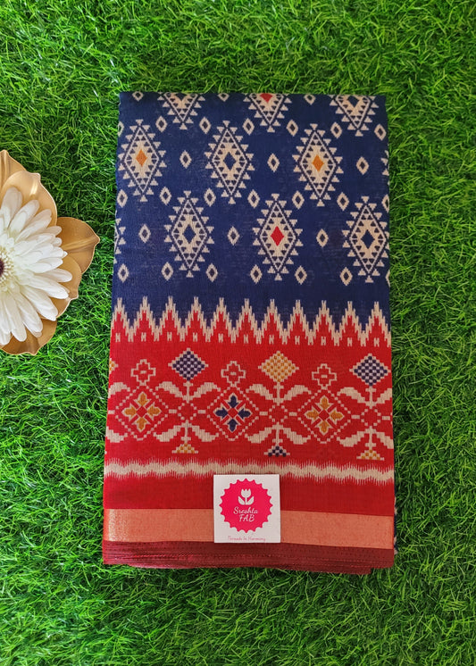 Navy Blue And Red Soft Cotton Viscose Saree-Casual