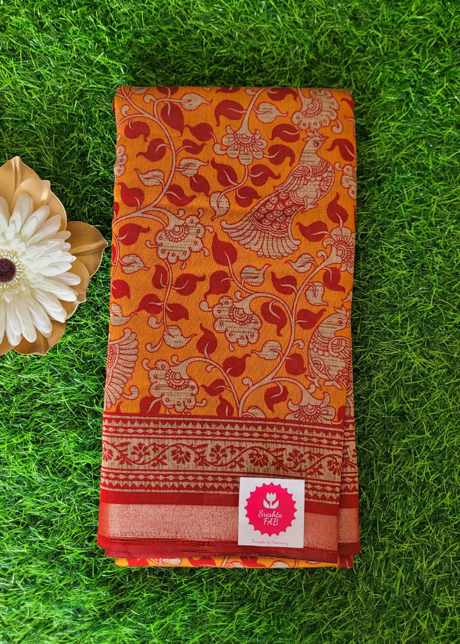 Mustard Yellow And Red Soft Cotton Viscose Saree- Casual