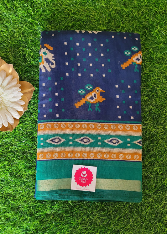 Dark Blue And Rama Green Soft Cotton Viscose Saree-Casual