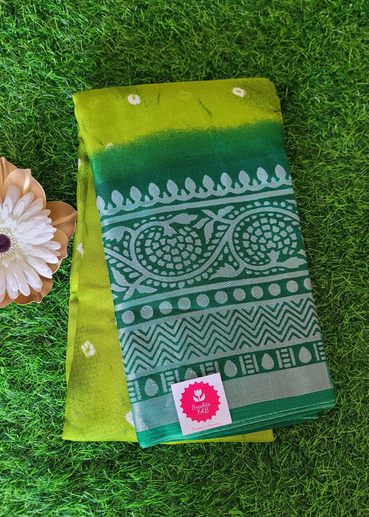 Leaf Green And Bottle Green Cotton Mix Saree- Casual