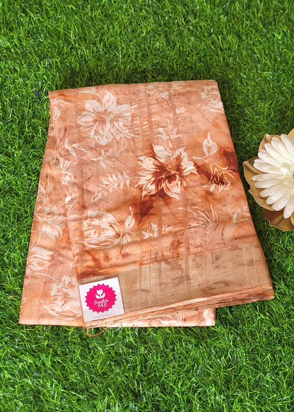 Dark Peach Floral Design Cotton Mix Saree- Casual