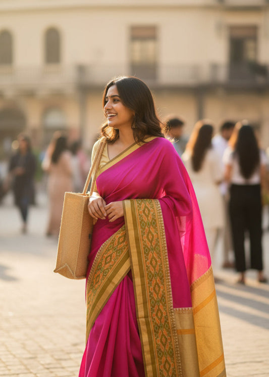 Soft Cotton Viscose Saree In Majenta Colour-Casual