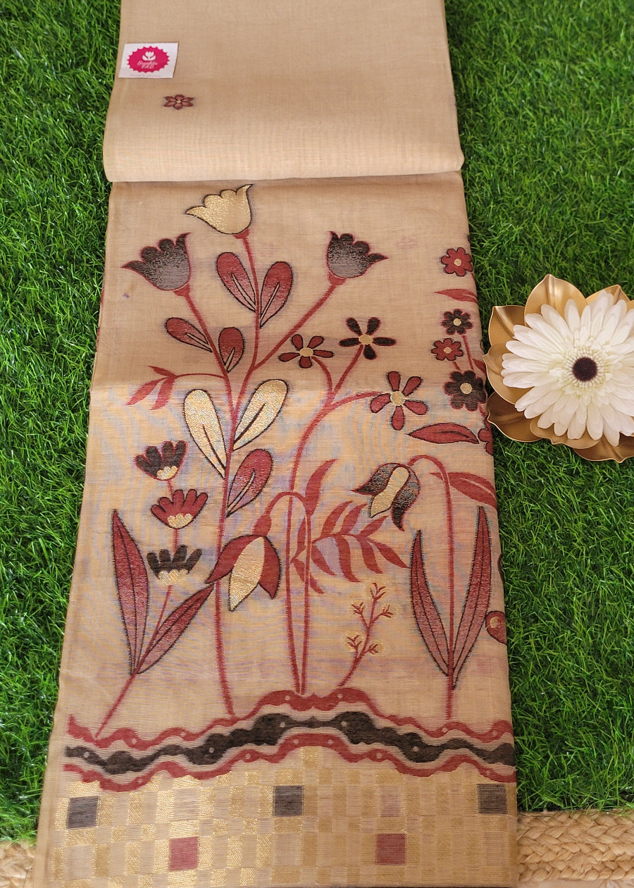 Beige And Maroon Semi Chanderi Saree- Casual