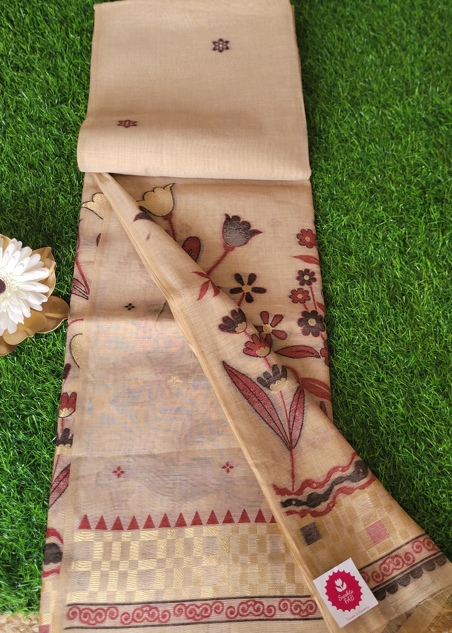 Beige And Maroon Semi Chanderi Saree- Casual