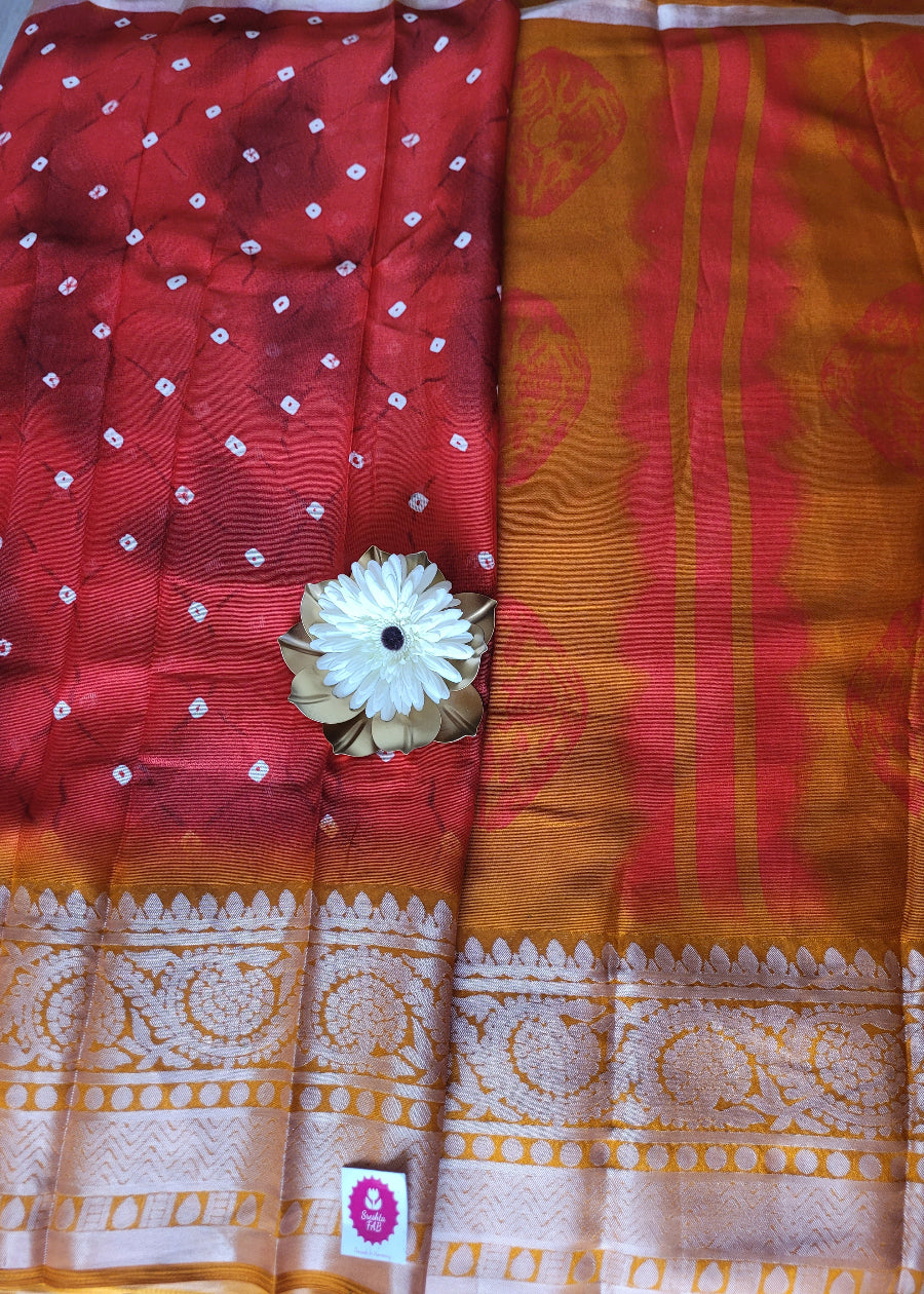 Chilli Red and Yellow Cotton Mix Saree-Casual