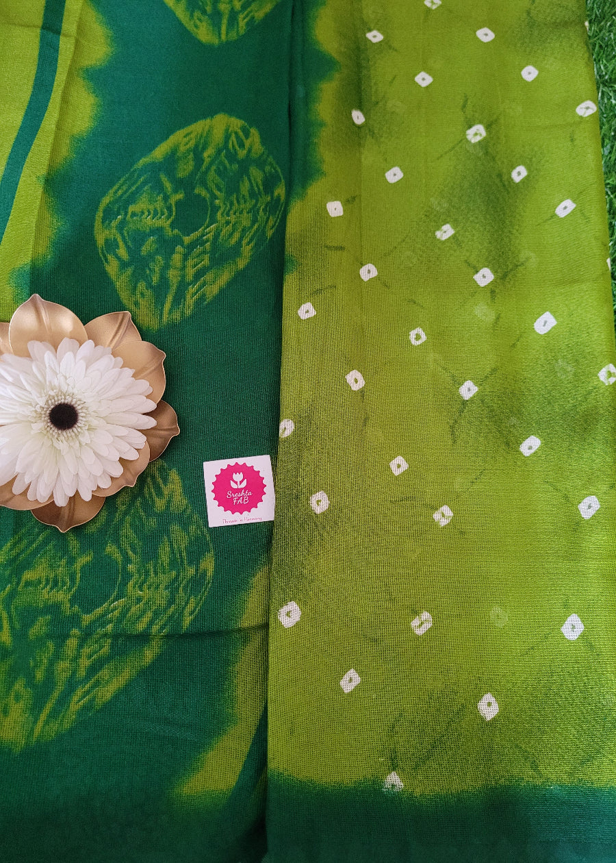 Leaf Green And Bottle Green Cotton Mix Saree- Casual