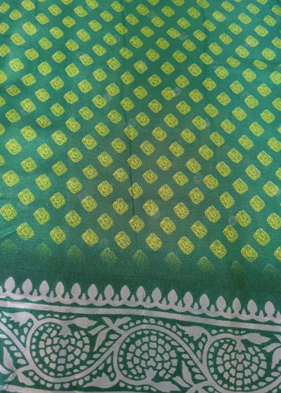 Leaf Green And Bottle Green Cotton Mix Saree- Casual