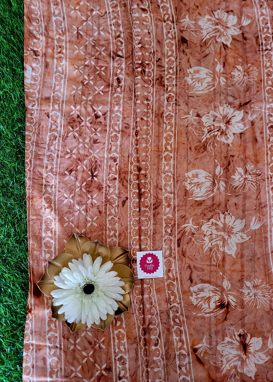 Dark Peach Floral Design Cotton Mix Saree- Casual