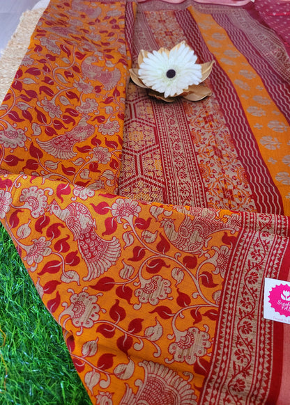 Mustard Yellow And Red Soft Cotton Viscose Saree- Casual