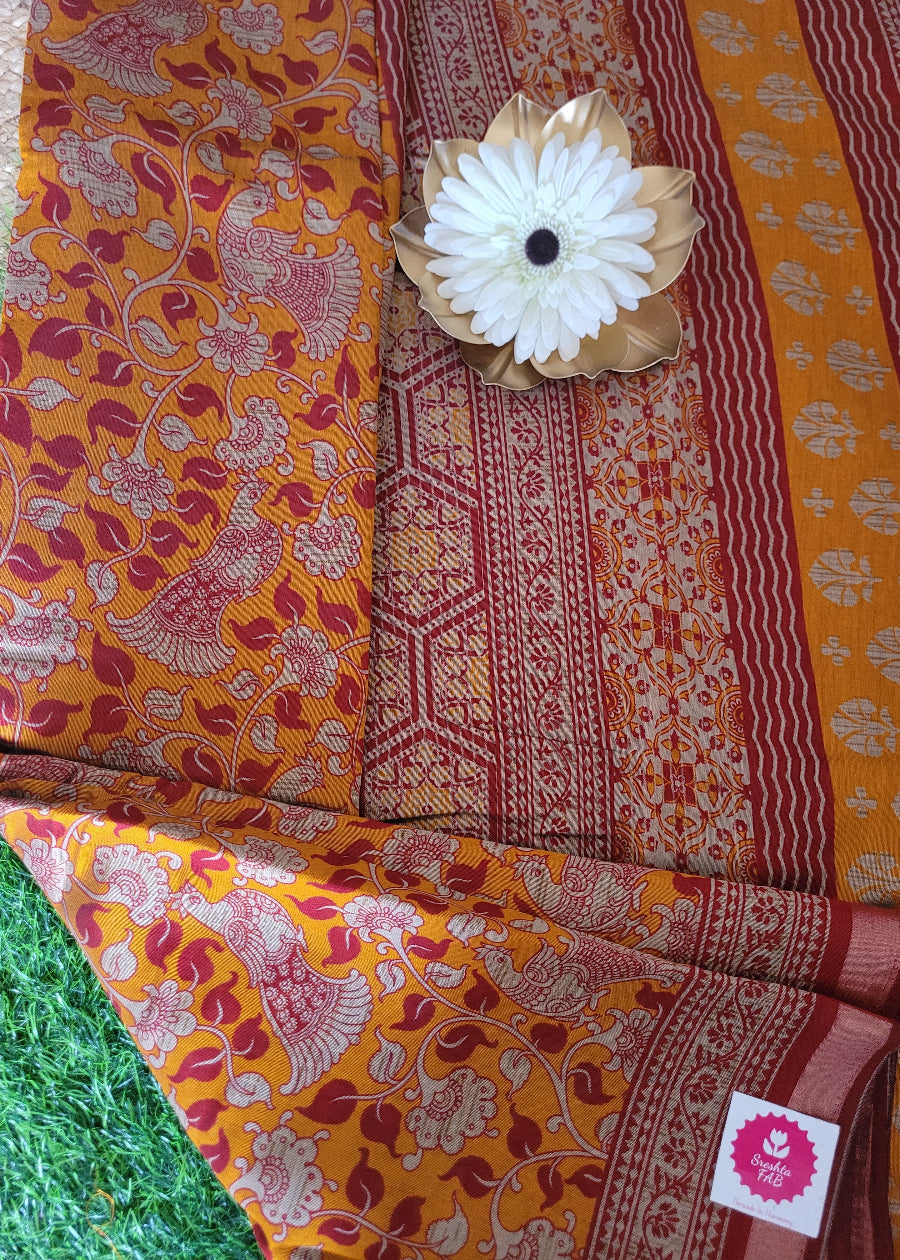 Mustard Yellow And Red Soft Cotton Viscose Saree- Casual