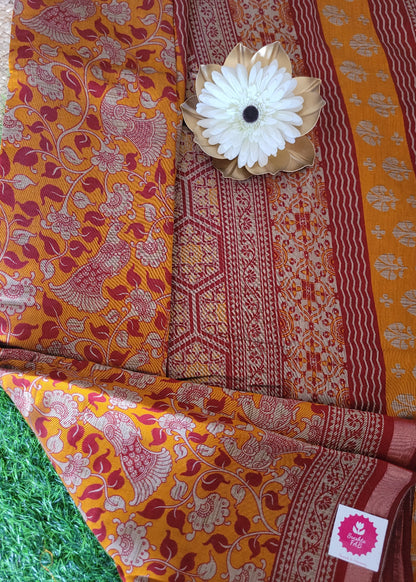 Mustard Yellow And Red Soft Cotton Viscose Saree- Casual
