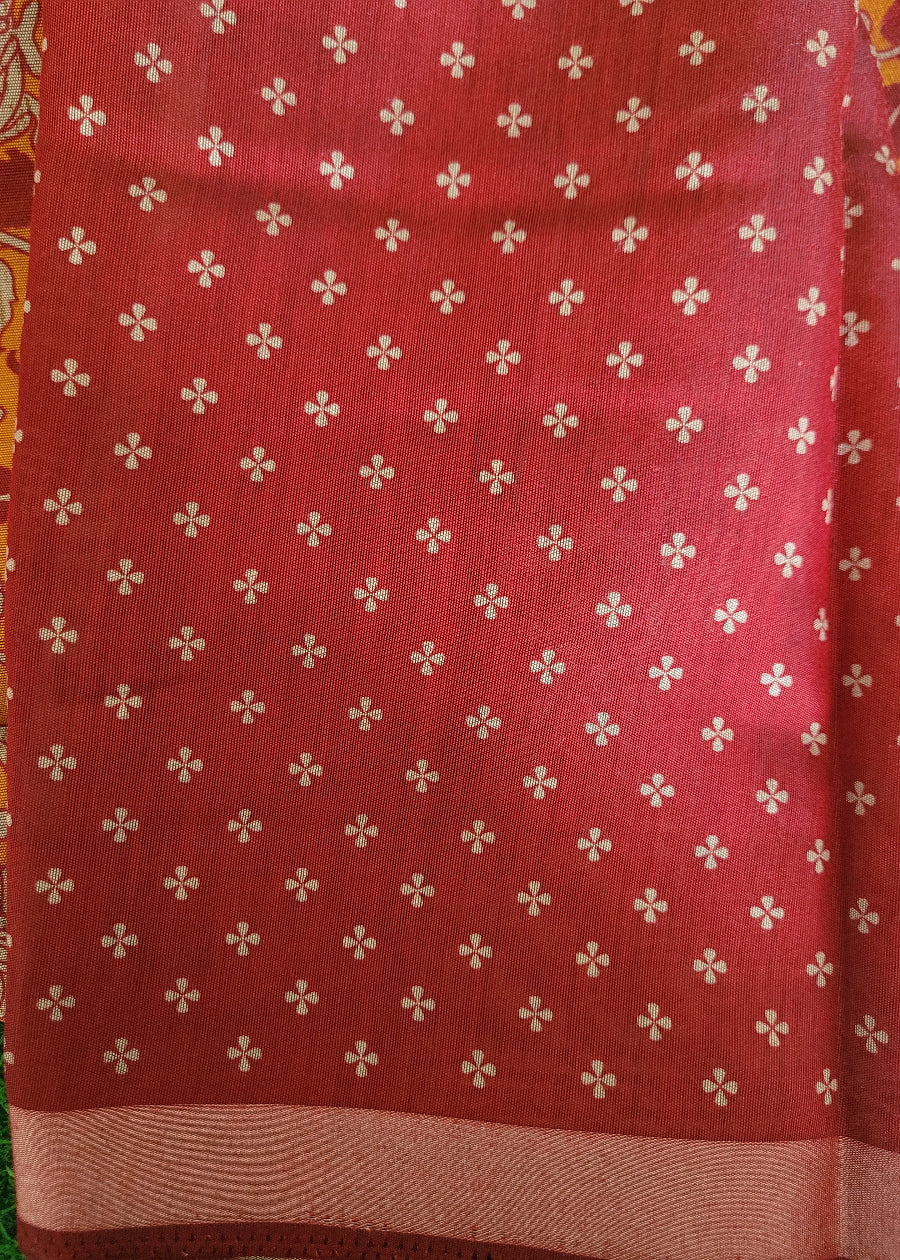 Mustard Yellow And Red Soft Cotton Viscose Saree- Casual