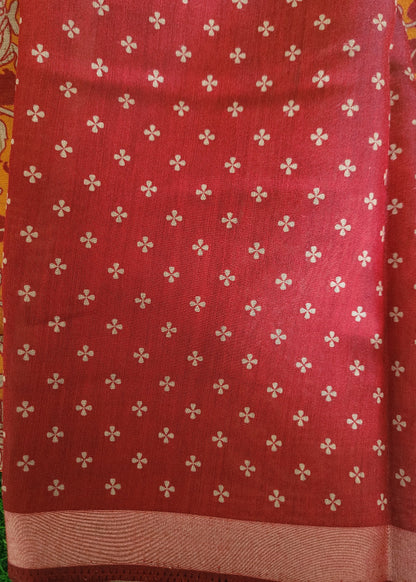 Mustard Yellow And Red Soft Cotton Viscose Saree- Casual