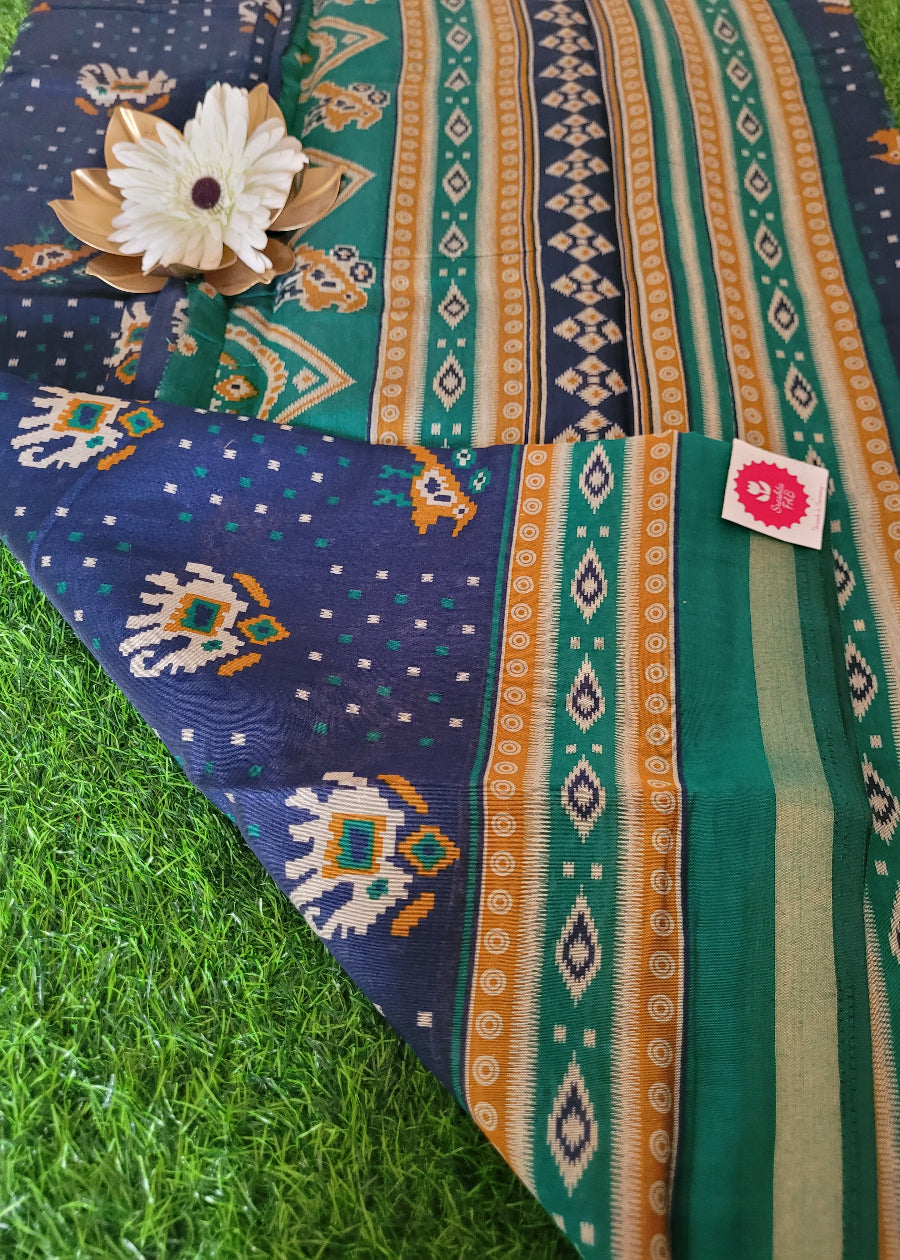 Dark Blue And Rama Green Soft Cotton Viscose Saree-Casual
