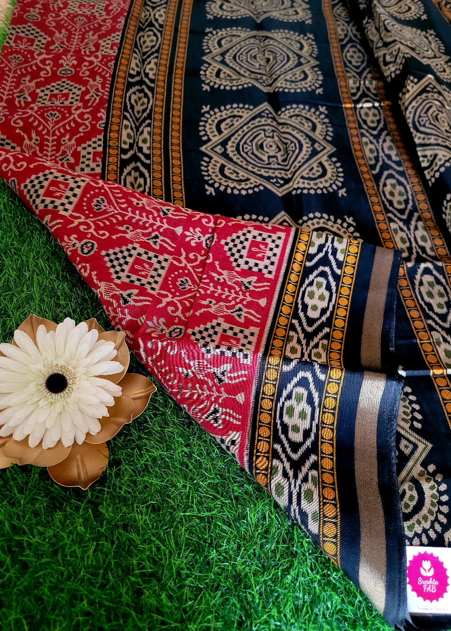 Red And Black Soft Viscose Cotton Saree- Casual