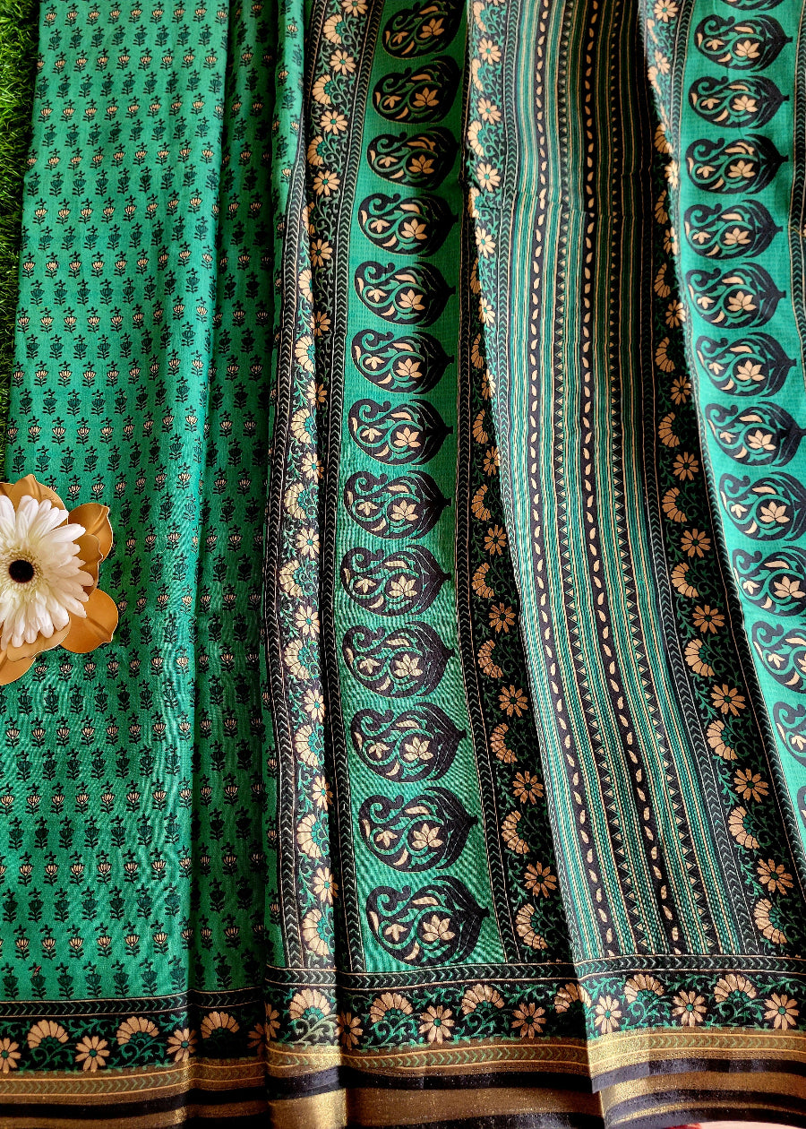 Green and Black Soft Viscose Cotton Saree- Casual