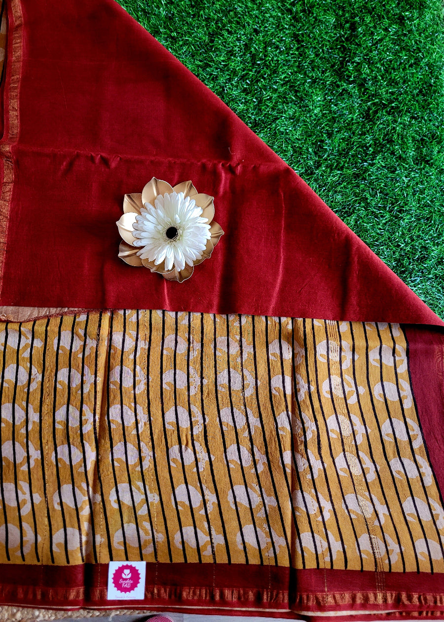 Maroon and Mustard Chanderi Silk Cotton Saree- Rajasthan