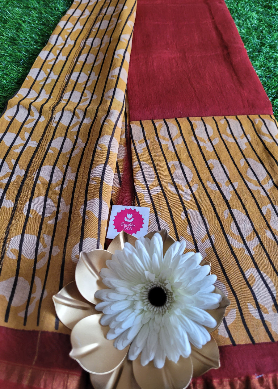 Maroon and Mustard Chanderi Silk Cotton Saree- Rajasthan