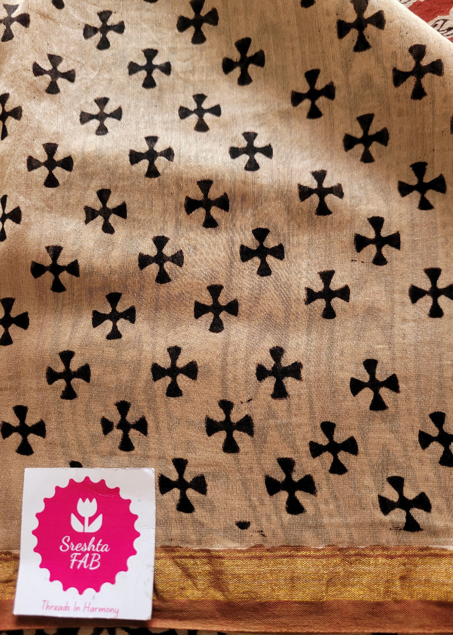 Deep Red Block Printed Chanderi Silk Cotton Saree- Rajasthan