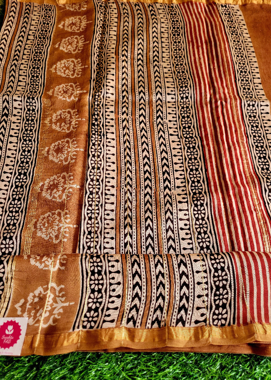 Deep Red Block Printed Chanderi Silk Cotton Saree- Rajasthan