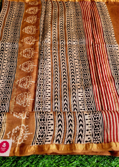Deep Red Block Printed Chanderi Silk Cotton Saree- Rajasthan