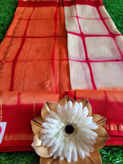 Checked Design On Offwhite and Orange Chanderi Silk Cotton Saree- Rajasthan