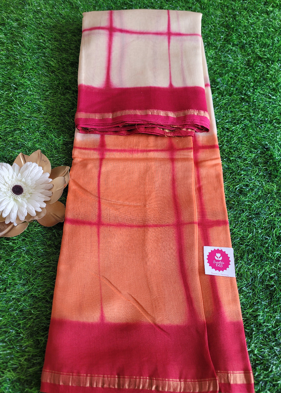 Checked Design On Offwhite and Orange Chanderi Silk Cotton Saree- Rajasthan