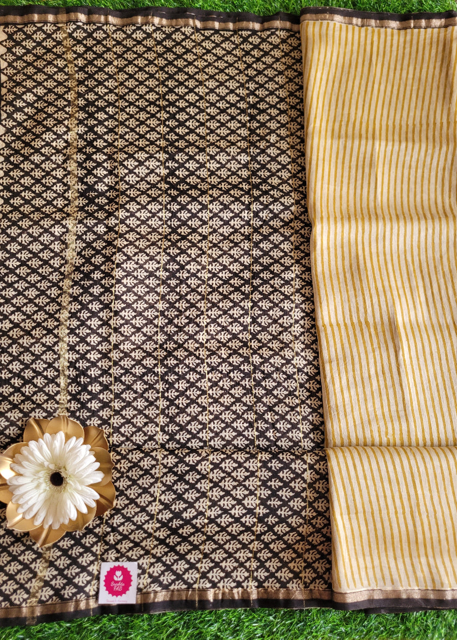 Black Striped Design On Light Yellow Chanderi Silk Cotton Saree-Rajasthan
