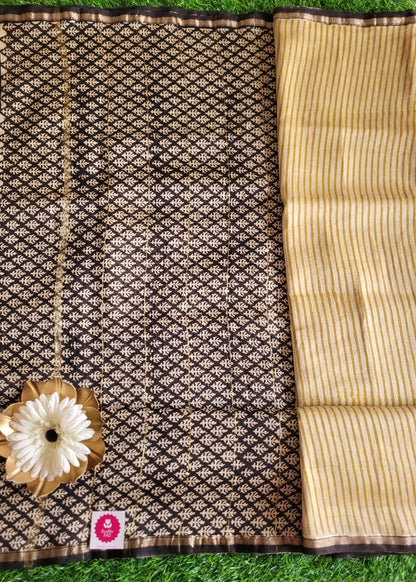 Black Striped Design On Light Yellow Chanderi Silk Cotton Saree-Rajasthan