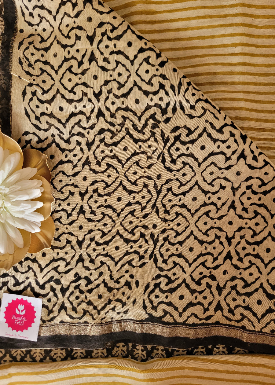 Black Striped Design On Light Yellow Chanderi Silk Cotton Saree-Rajasthan