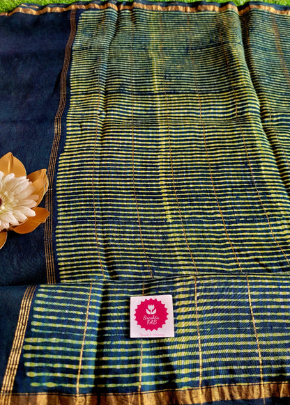 Bagru Printed Dark Blue Chanderi silk Cotton Saree- Rajasthan