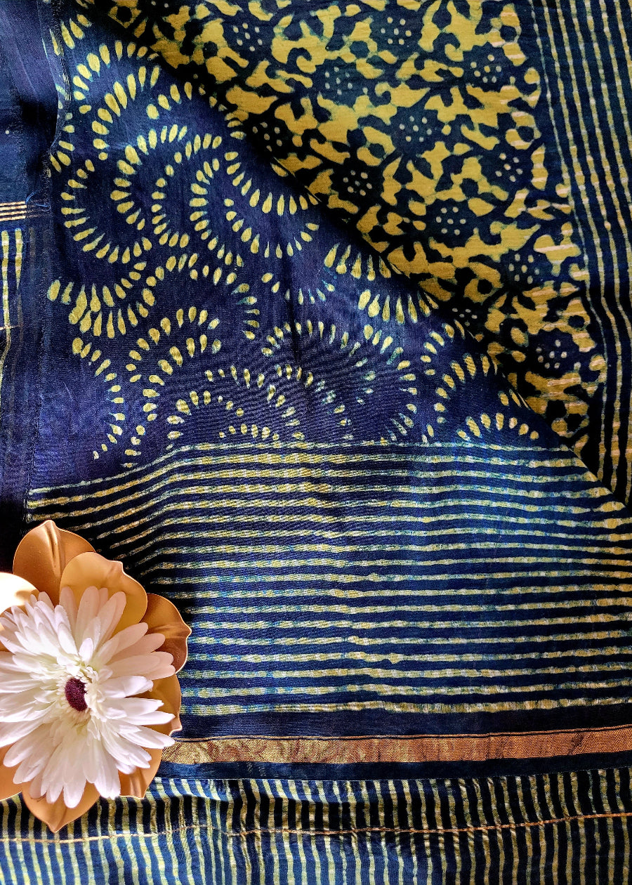 Bagru Printed Dark Blue Chanderi silk Cotton Saree- Rajasthan