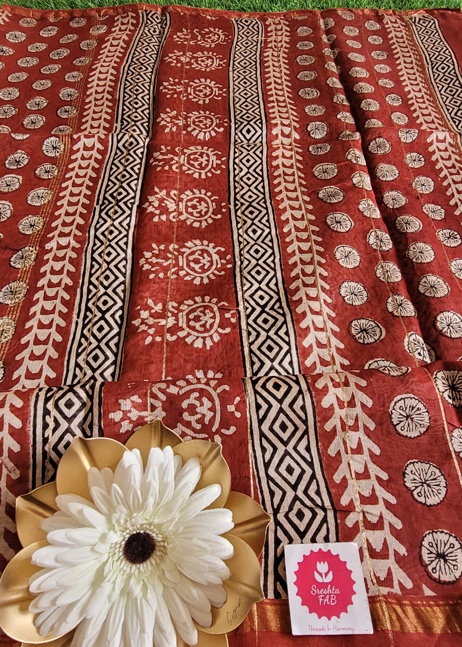 Black and Brick Red Chanderi Silk Cotton Saree- Rajasthan