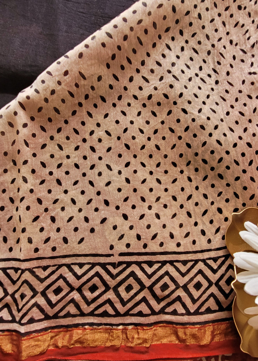 Black and Brick Red Chanderi Silk Cotton Saree- Rajasthan