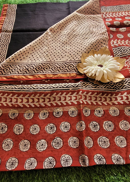 Black and Brick Red Chanderi Silk Cotton Saree- Rajasthan