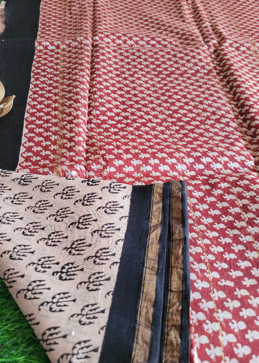 Offwhite And Black Chanderi Block Printed Silk Cotton Saree-Rajasthan