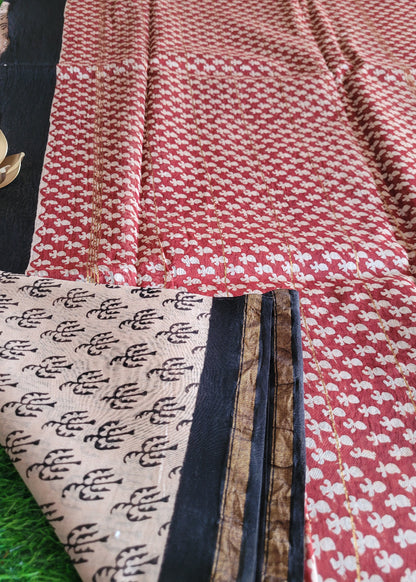 Offwhite And Black Chanderi Block Printed Silk Cotton Saree-Rajasthan