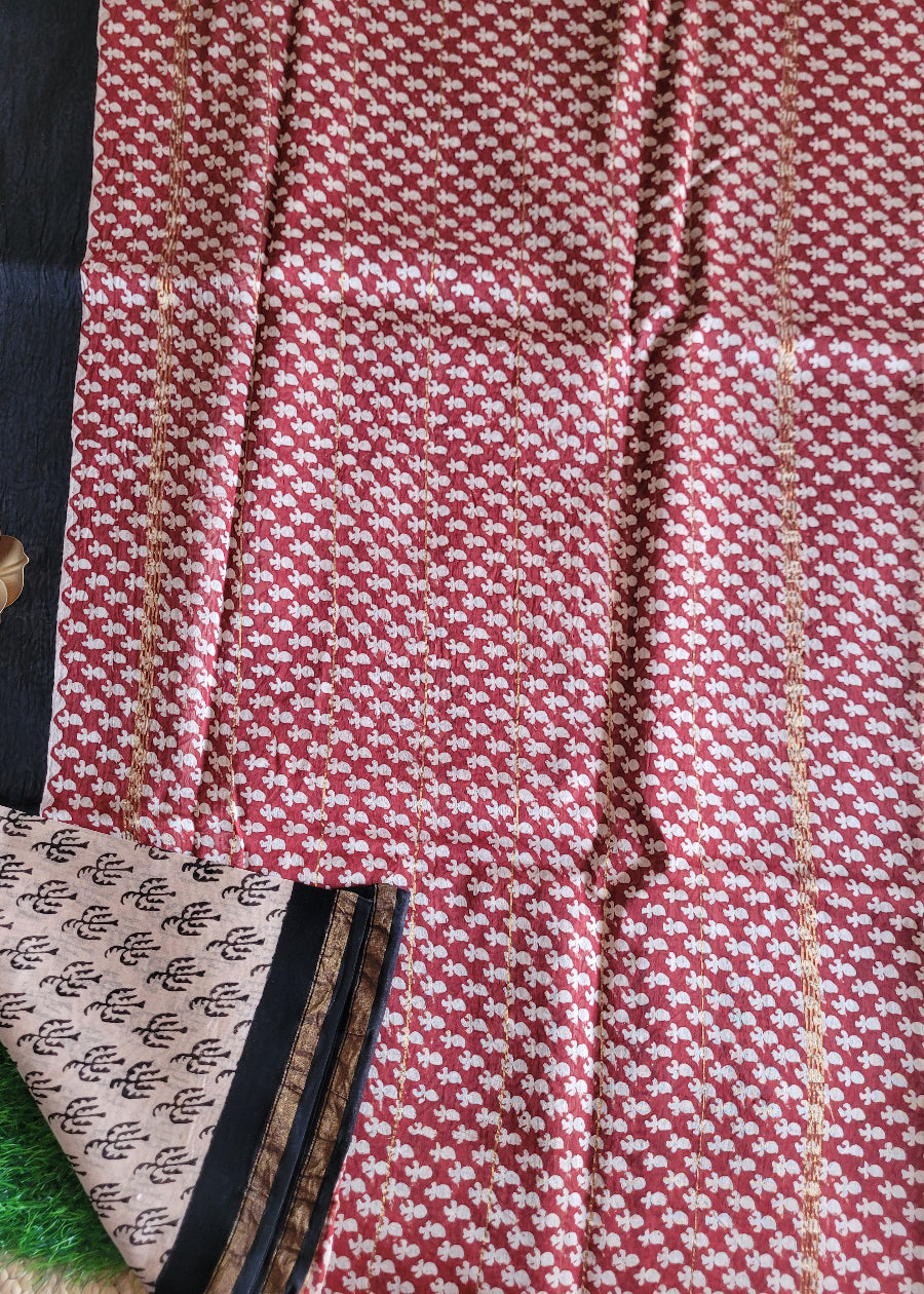 Offwhite And Black Chanderi Block Printed Silk Cotton Saree-Rajasthan