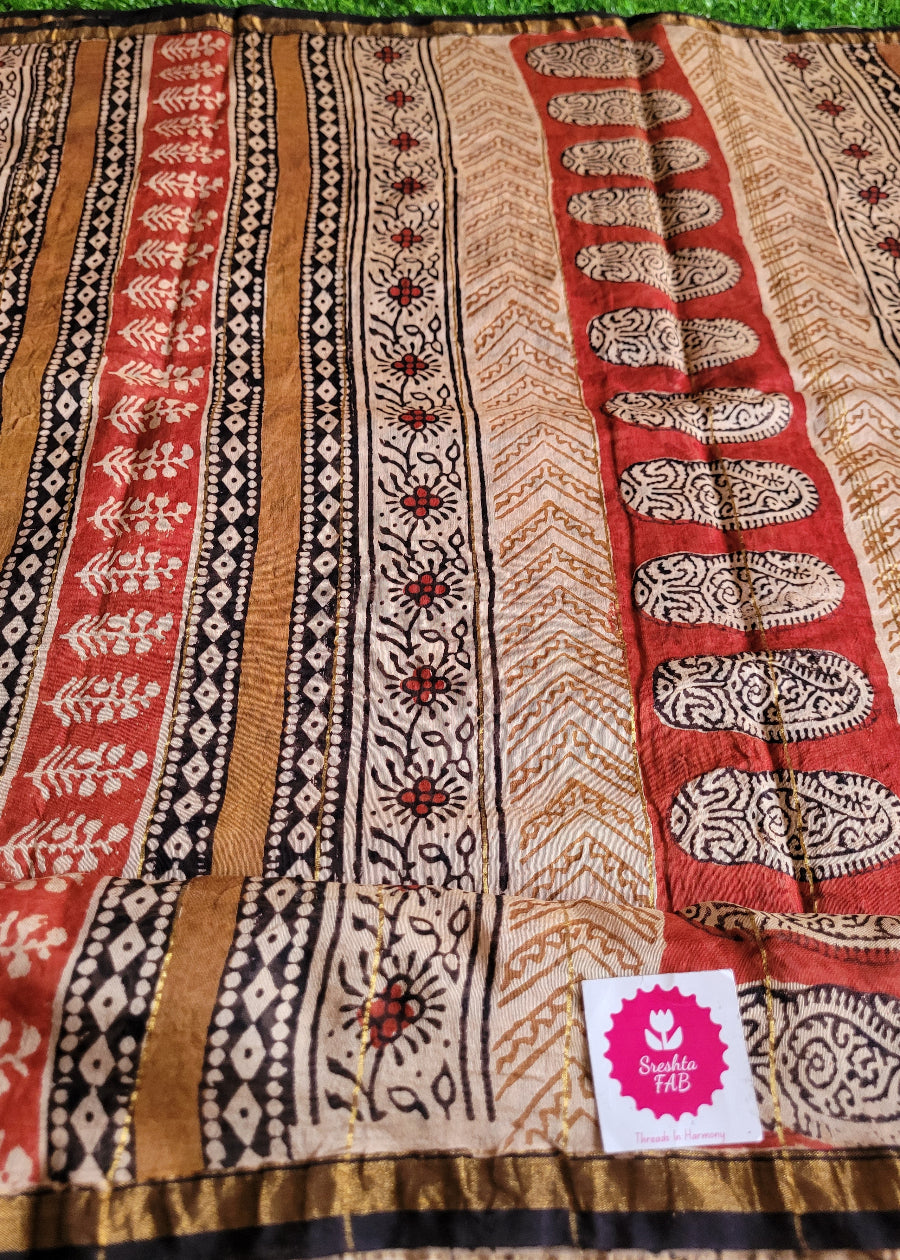 Brick Red And Black Chanderi block Printed Saree- Rajasthan