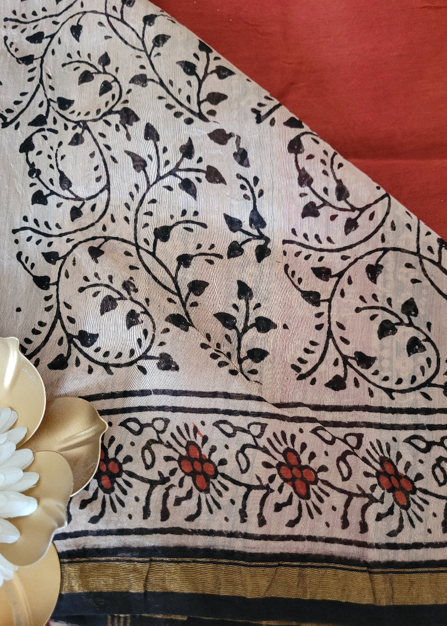 Brick Red And Black Chanderi block Printed Saree- Rajasthan