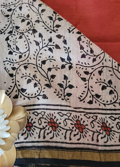 Brick Red And Black Chanderi block Printed Saree- Rajasthan