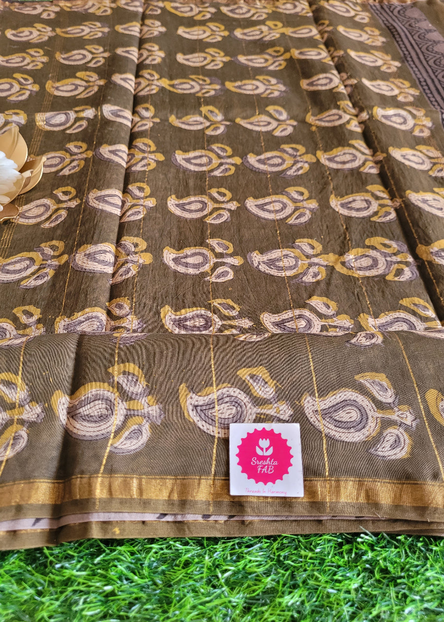 Grey And Green Gram Green Chanderi Block Print Saree- Rajasthan