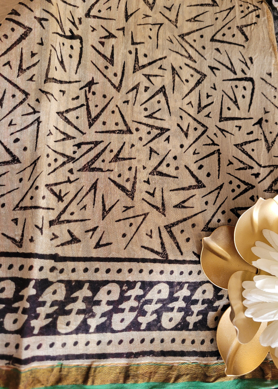 Block Printed Beige Chanderi Silk Cotton Saree- Rajasthan