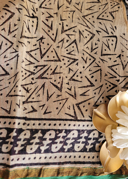 Block Printed Beige Chanderi Silk Cotton Saree- Rajasthan