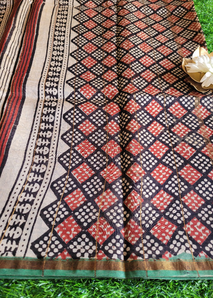 Block Printed Beige Chanderi Silk Cotton Saree- Rajasthan