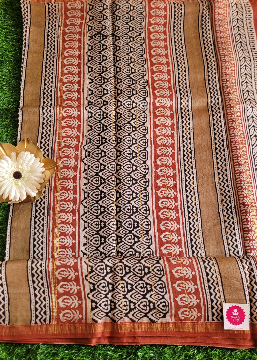 Black and Beige Chanderi Silk Cotton Saree- Rajasthan