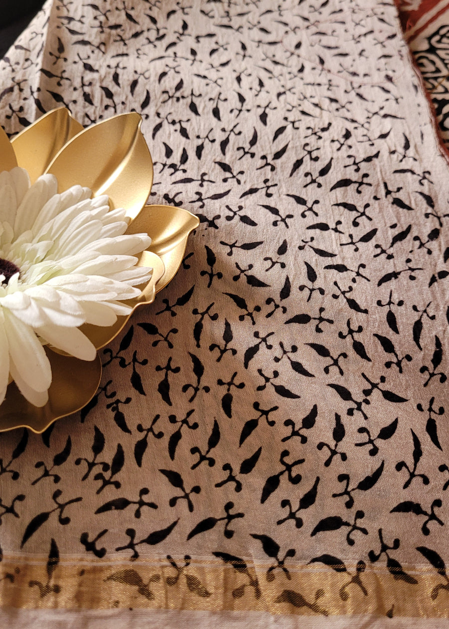 Black and Beige Chanderi Silk Cotton Saree- Rajasthan