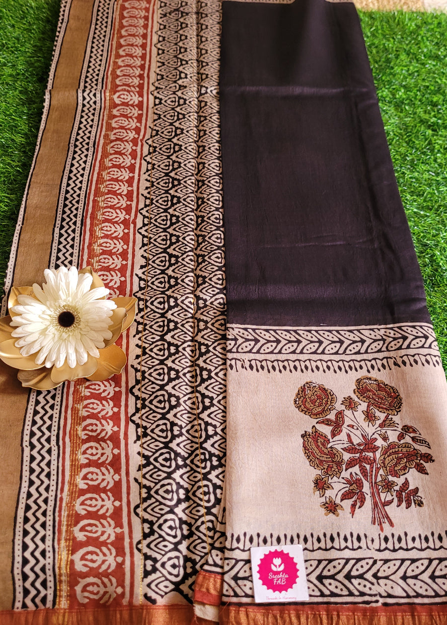 Black and Beige Chanderi Silk Cotton Saree- Rajasthan