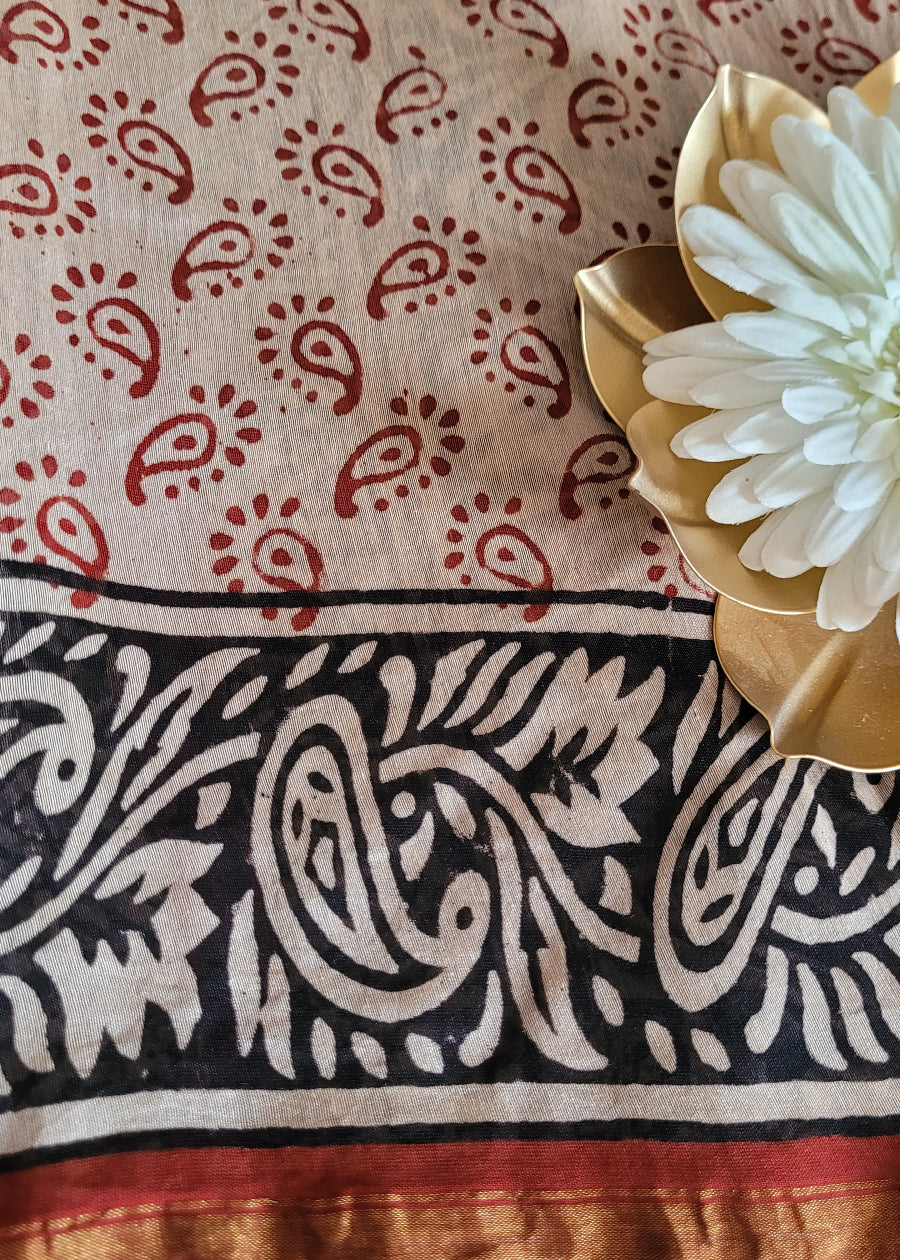 Black And Maroon Chanderi Silk Cotton Sarees- Rajasthan